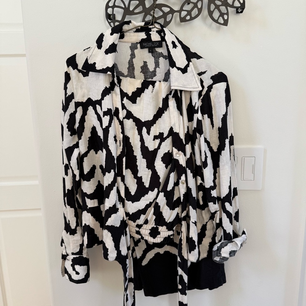 RACHEL ZOE 2 Piece Linen Blend Black White Damask Print Pant Set M/L - Picture 3 of 10